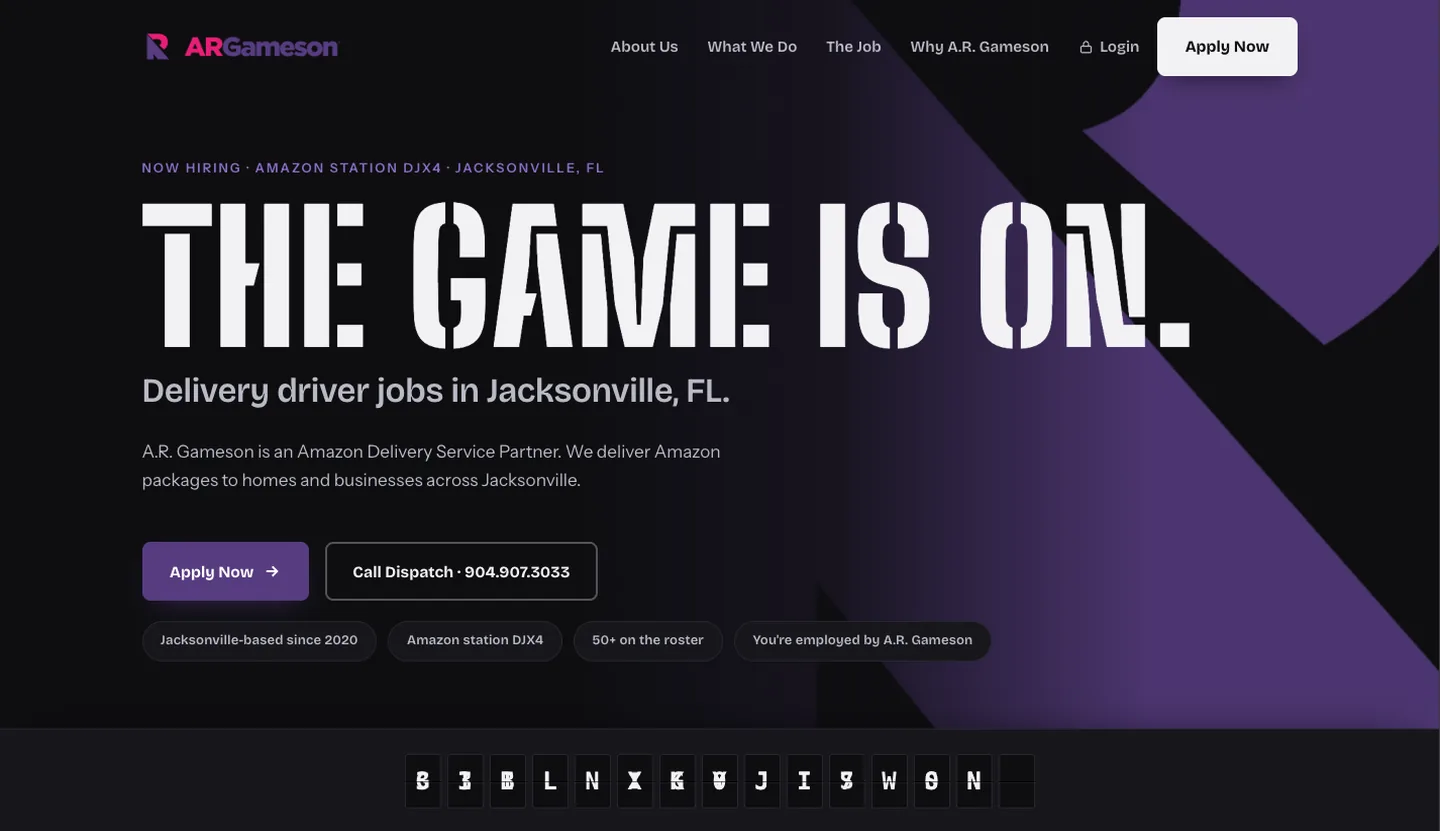 A.R. Gameson website — black hero with angular purple shapes and the bold headline The Game Is On, delivery-driver hiring copy