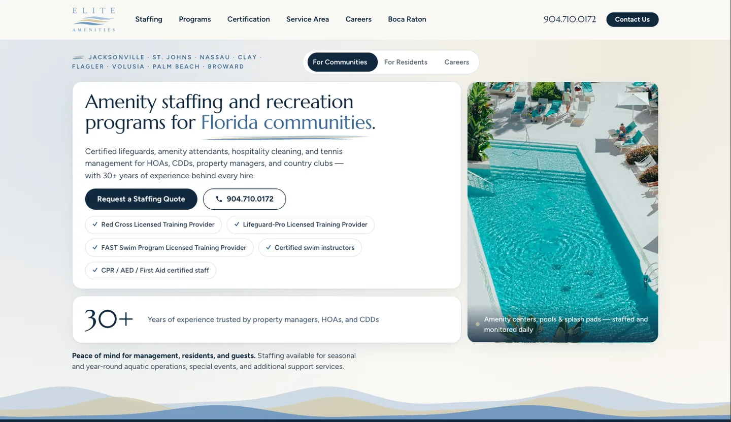Elite Amenities website — cream hero with an aerial pool photo and lifeguard-certification badges for Florida HOA staffing