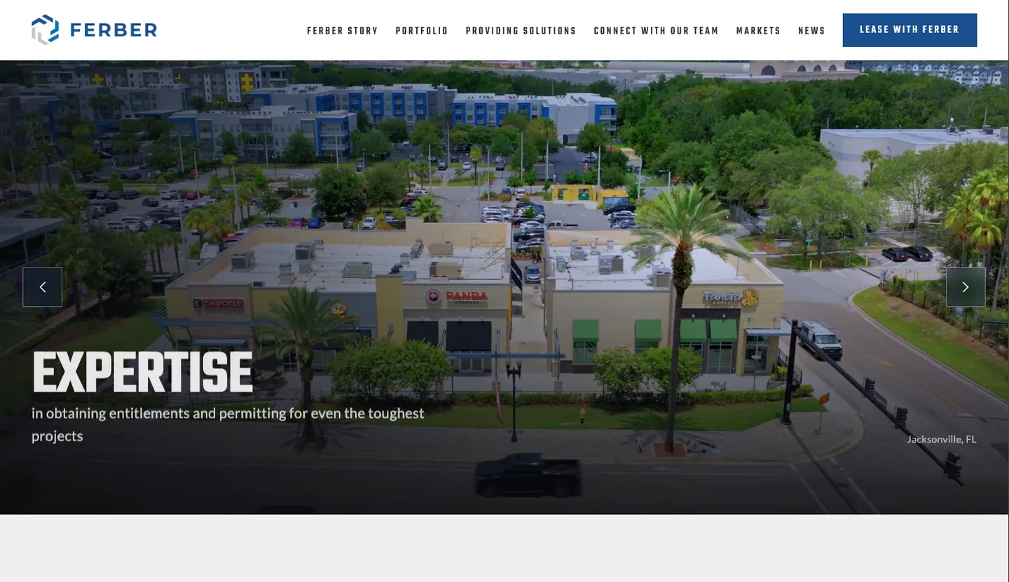 The Ferber Company website — aerial photo of a Jacksonville retail plaza with palm-lined parking, overlay text Expertise