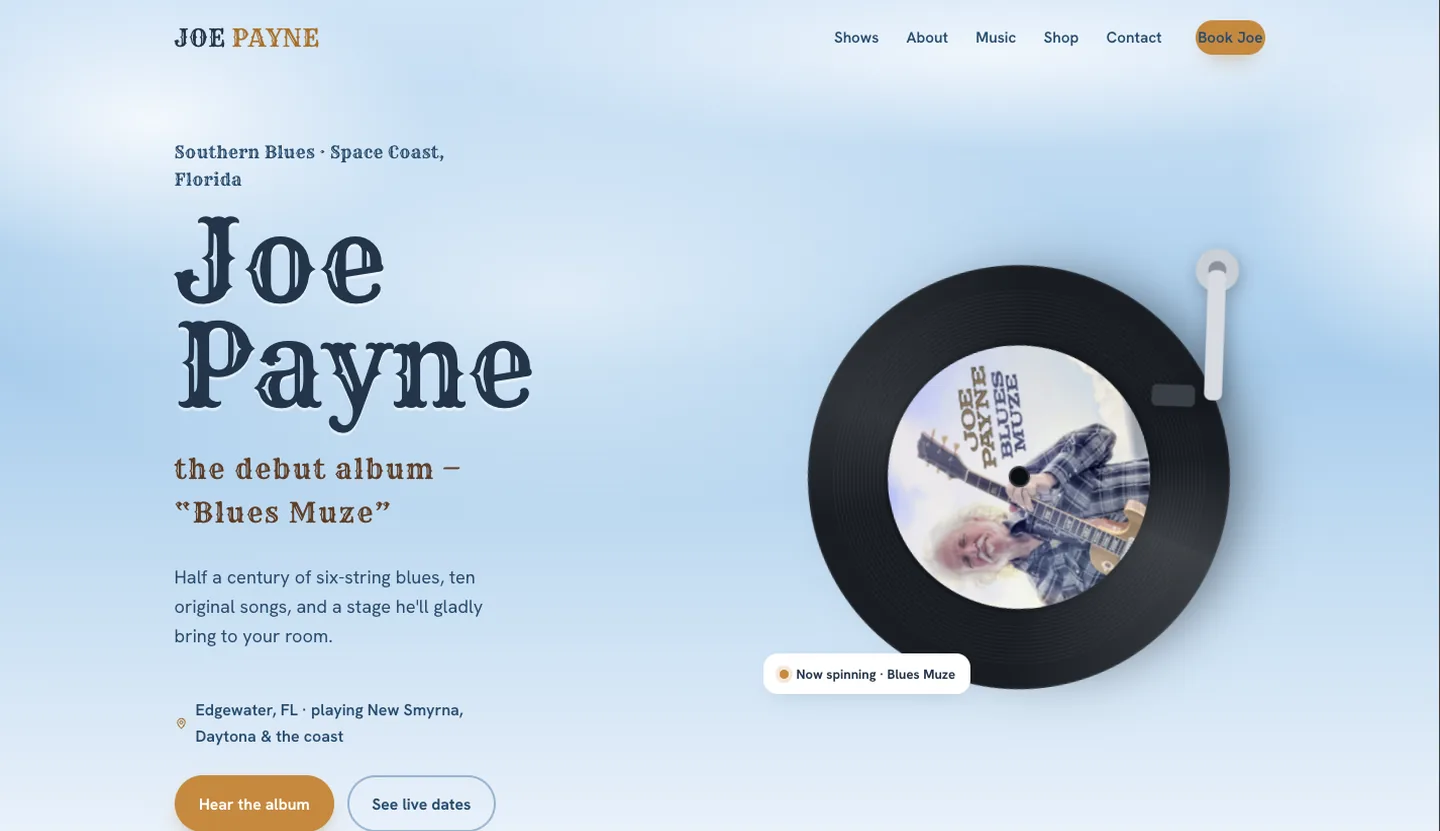 Joe Payne website — pale blue hero with vintage serif type and a spinning vinyl record graphic for the Blues Muze album