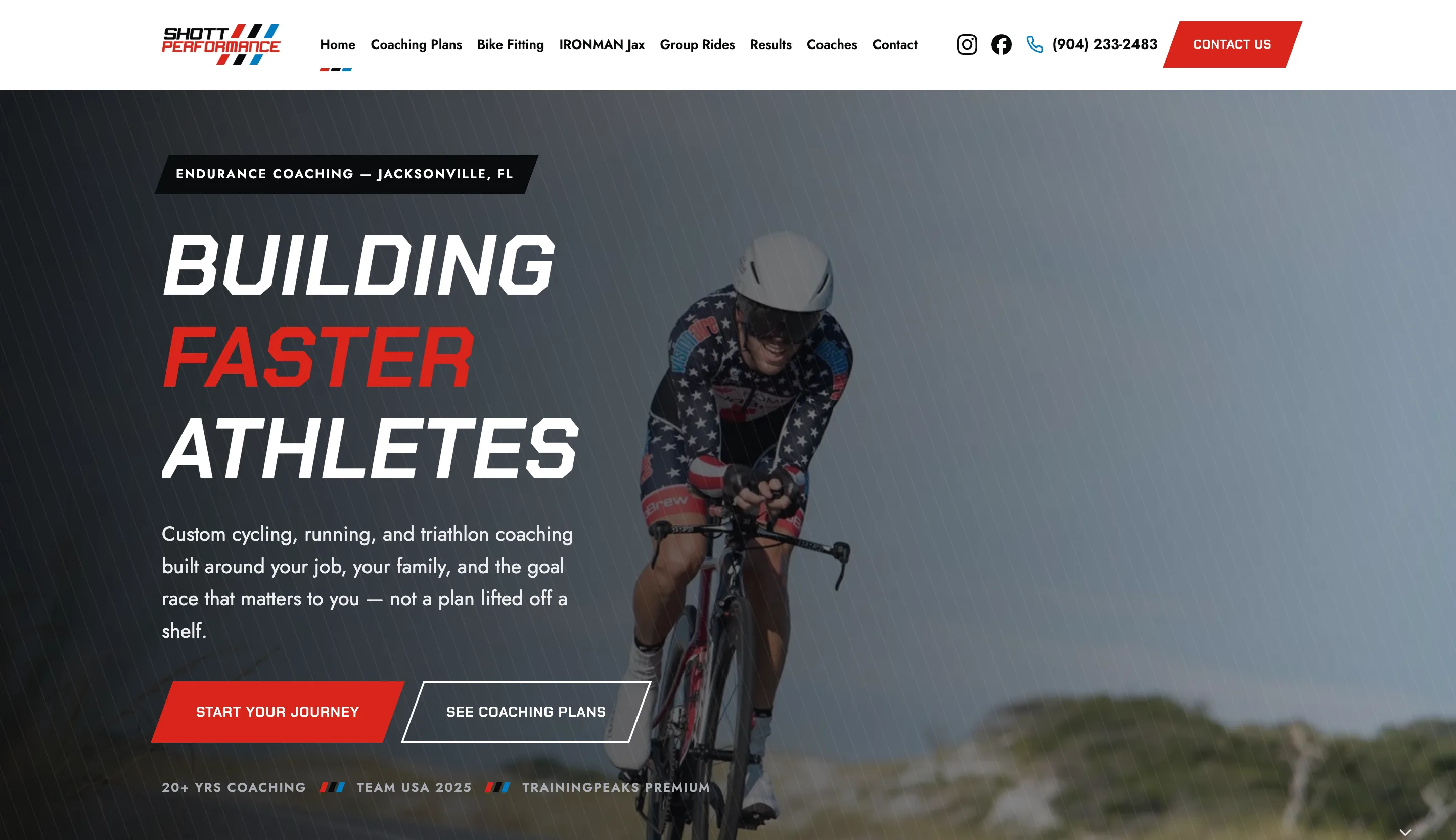 Shott Performance website — dark hero with race-stripe branding and a cyclist in a time-trial position