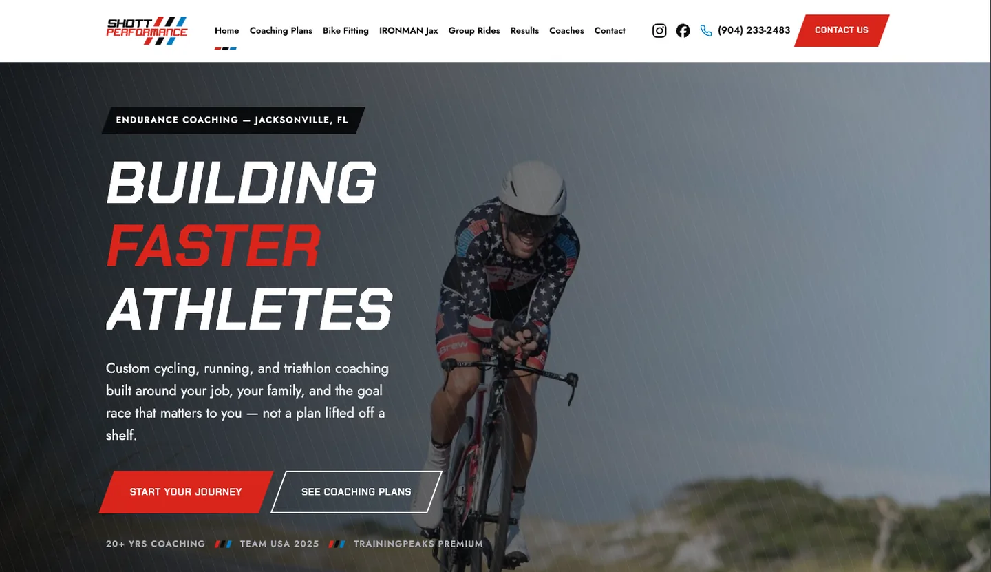 Shott Performance website — dark hero with a cyclist in an aero tuck and red-white-blue race-stripe branding, headline Building Faster Athletes