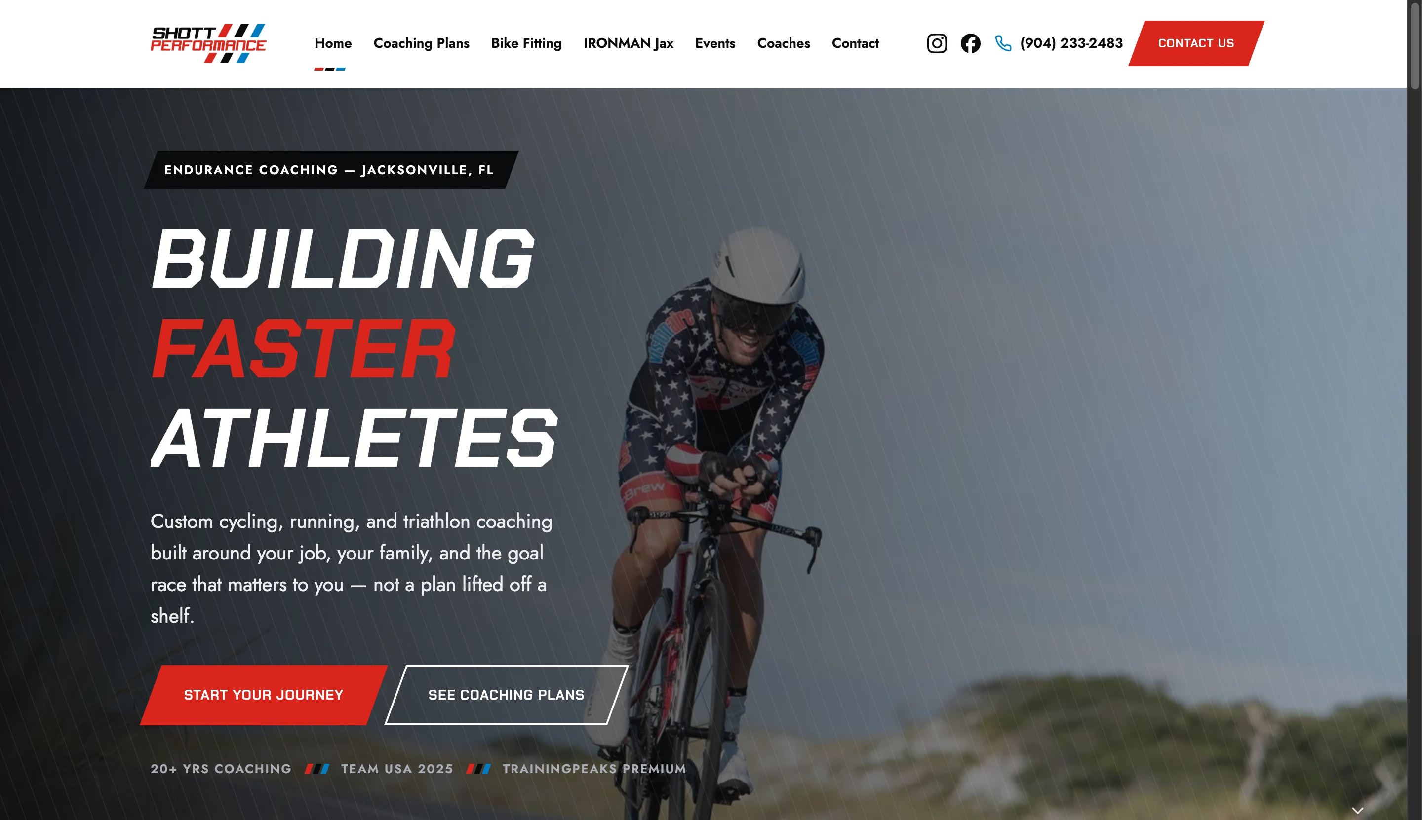 Shott Performance website — dark hero with race-stripe branding and a cyclist in a time-trial position