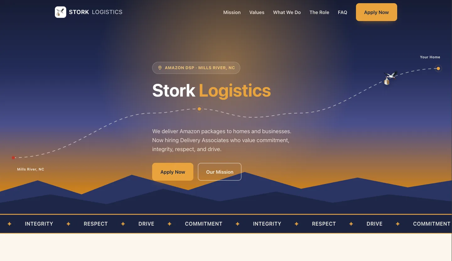 Stork Logistics website — navy-to-orange sunset hero with a dotted delivery route and a stork carrying a package icon