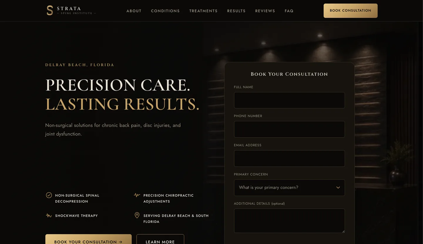Strata Spine Institute website — dark gold-accented hero with a spa-like interior photo and a Book Your Consultation form