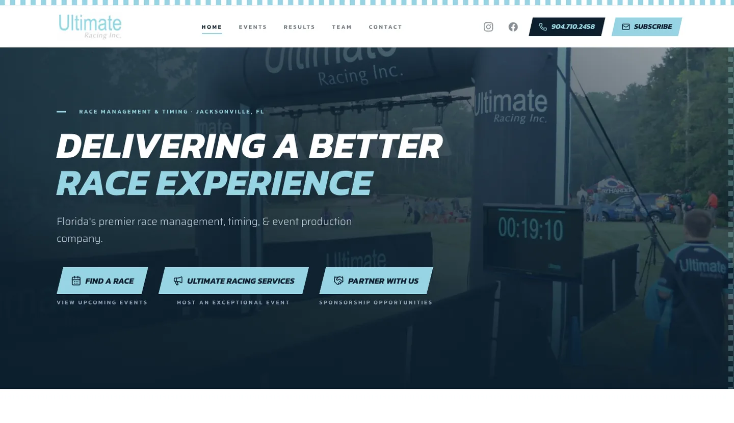 Ultimate Racing Inc. website — teal-striped hero over a finish-line timing arch and race clock, headline Delivering a Better Race Experience