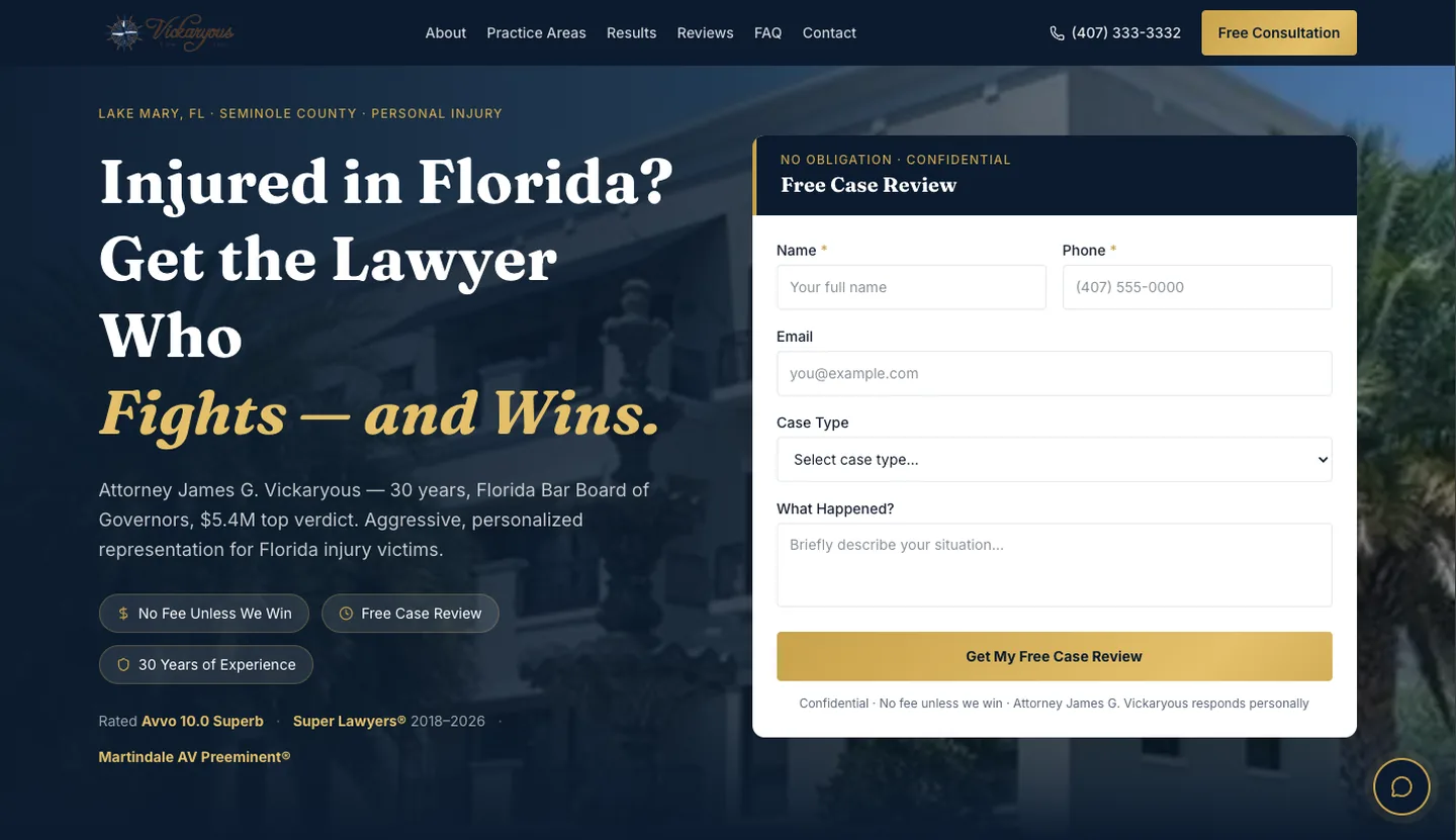 Vickaryous Law Firm website — navy hero with a gold Free Case Review intake form and Avvo/Super Lawyers rating badges