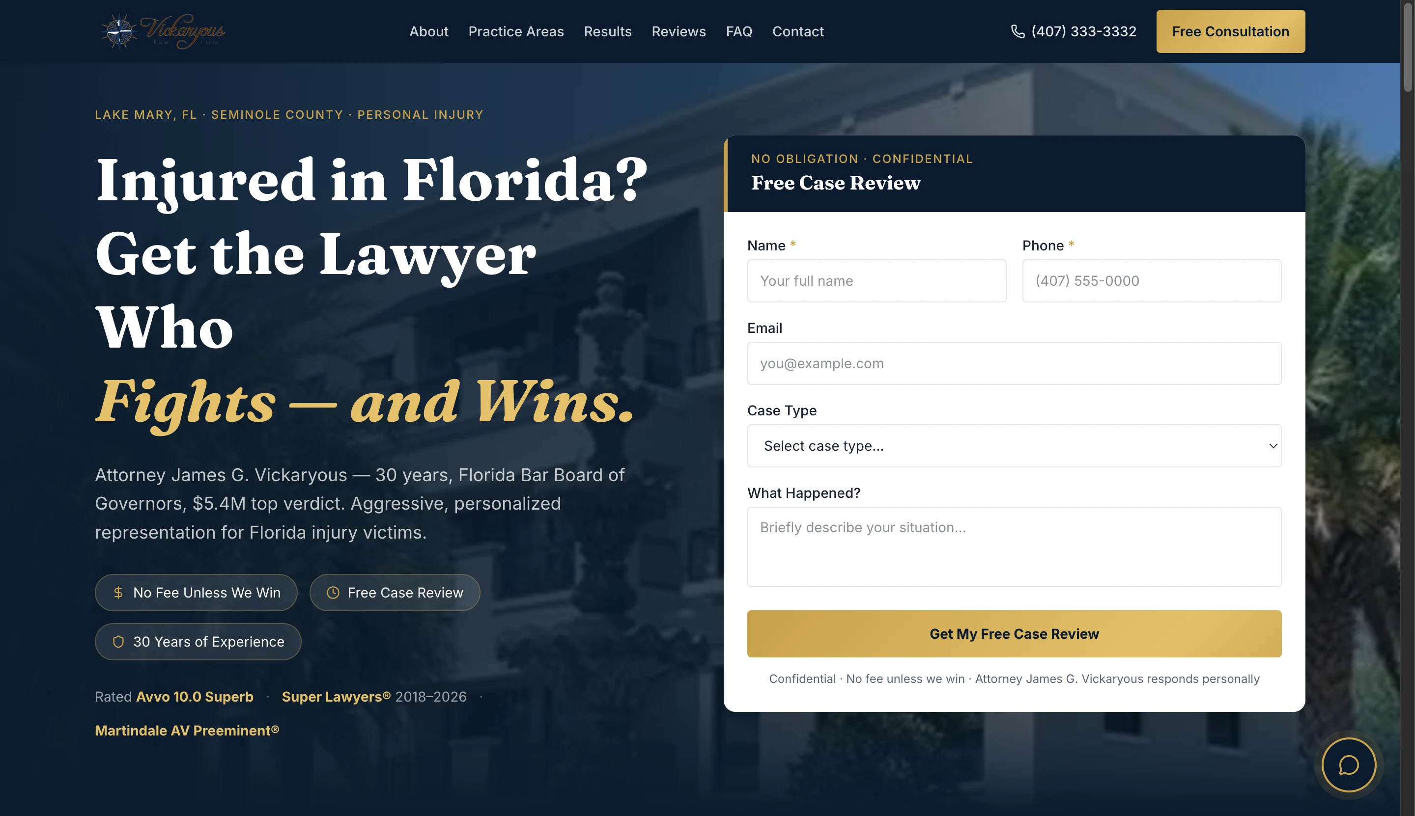 Vickaryous Law Firm website — navy and brass hero with a free case review intake form